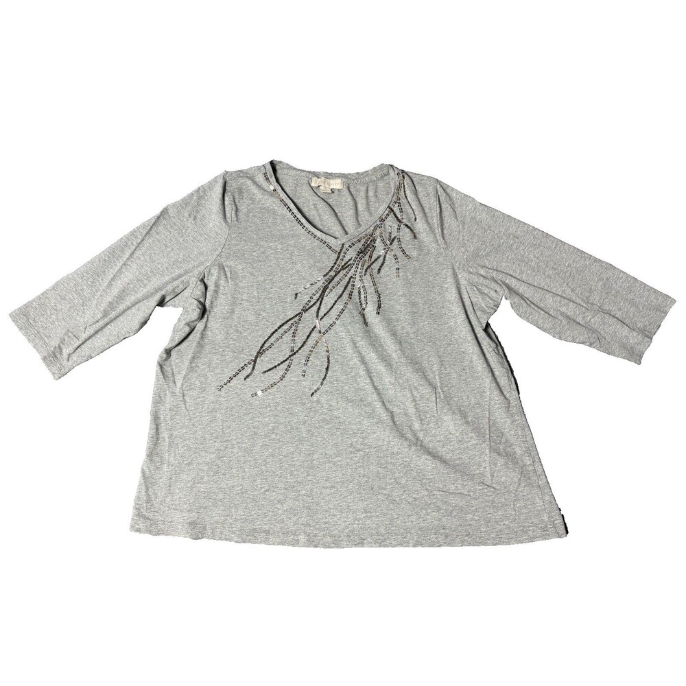 Laura Ashley Top Womens 2X Beaded Sequins Long Sleeve Gray Shirt Blouse